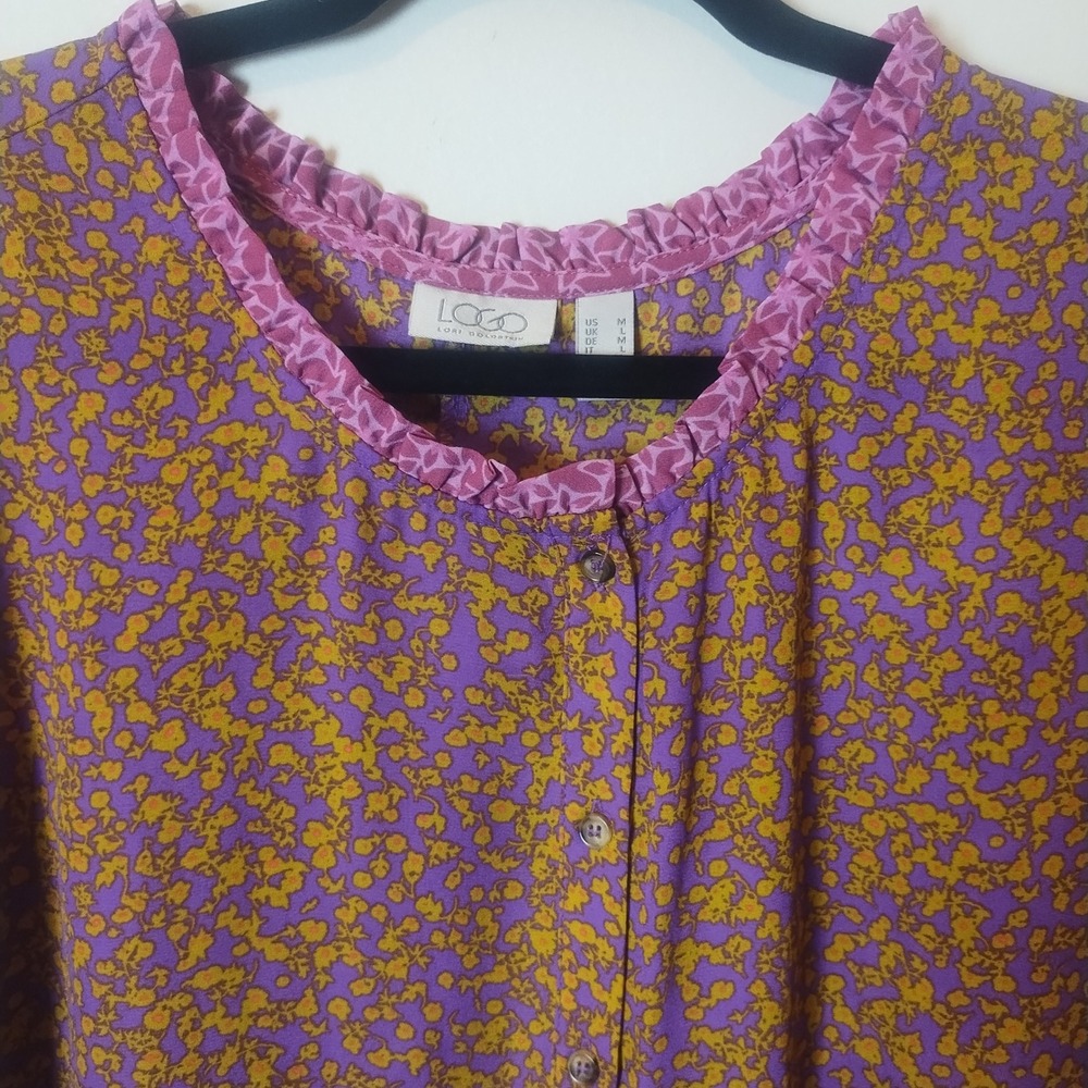LOGO Lori‎ Goldstein Purple Floral Peasant Button Up Blouse Sz M Boho Oversized - Picture 2 of 8